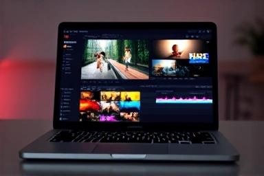 Modern MacBook Pro screen displaying abstract video editing visuals.